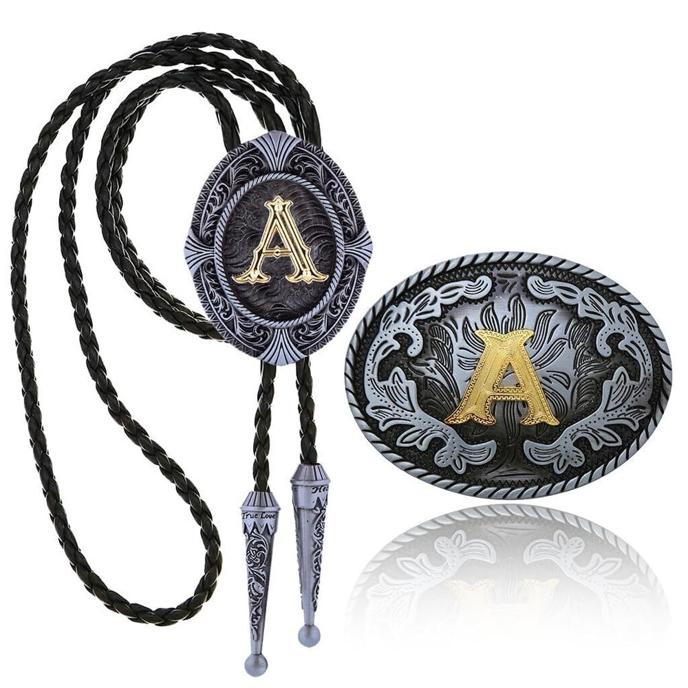 4154 2Pcs Belt Buckle Bolo Tie Set , Western Cowboy Initial Letters Leather